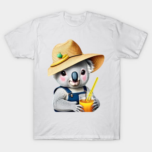 Chill Koala Vibes: Overalls, Straw Hat, and Soda Sips! T-Shirt by Stevie26